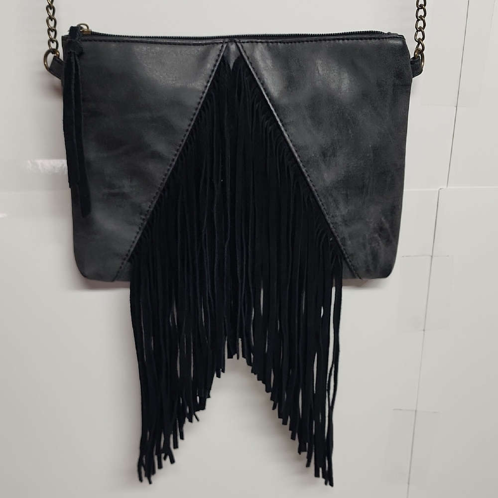 Ampere Creations Simple Black Suede Fringe Faux Vegan Leather Crossbody Bag